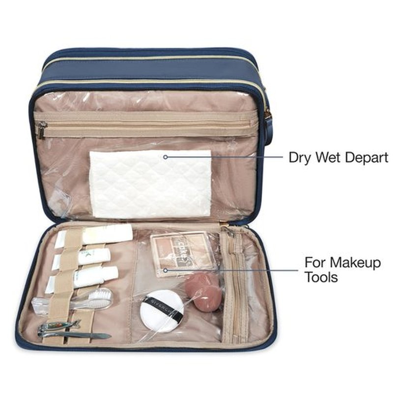 BAGSMART Large Toiletry Bag, Travel Makeup Organizer Water-resistant Makeup Cosmetic Bag Travel Bag for Accessories, Shampoo, Full Sized Container, Toiletries (Navy Blue, Large)