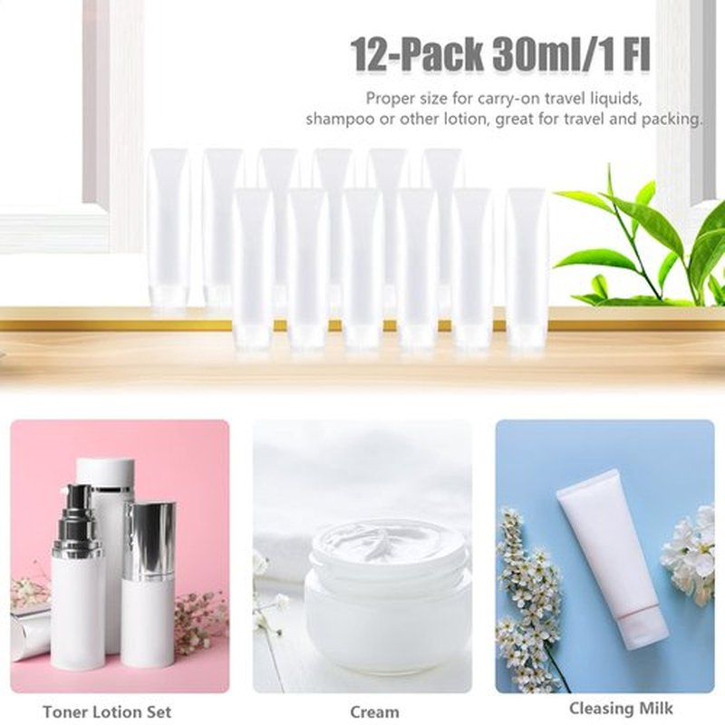 YXC 12PCS PE Travel Size Bottles 2oz Squeeze Bottles With labels Leak Proof BPA Free Refillable Tubes Travel TSA Approved Containers For Toiletry Toothpaste Container Travel Bottles For Toiletries