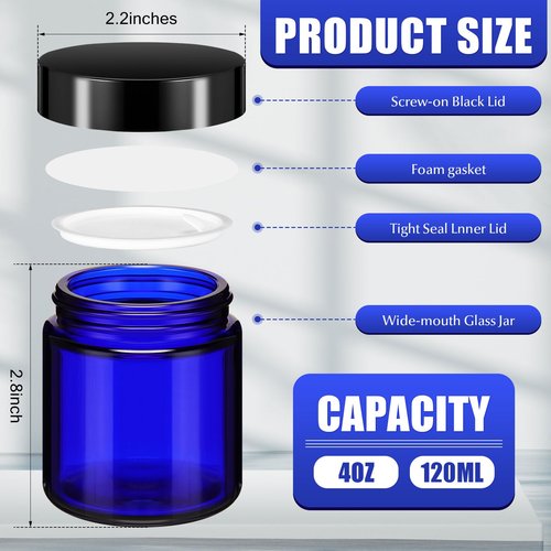 Norme 12 Pcs 4 oz Glass Jars with Lids Leakproof Round Airtight Jars Empty Cosmetic Jars with Inner Liners Lid for Storing Lotions Powder Ointments Candle Making (Cobalt Blue)