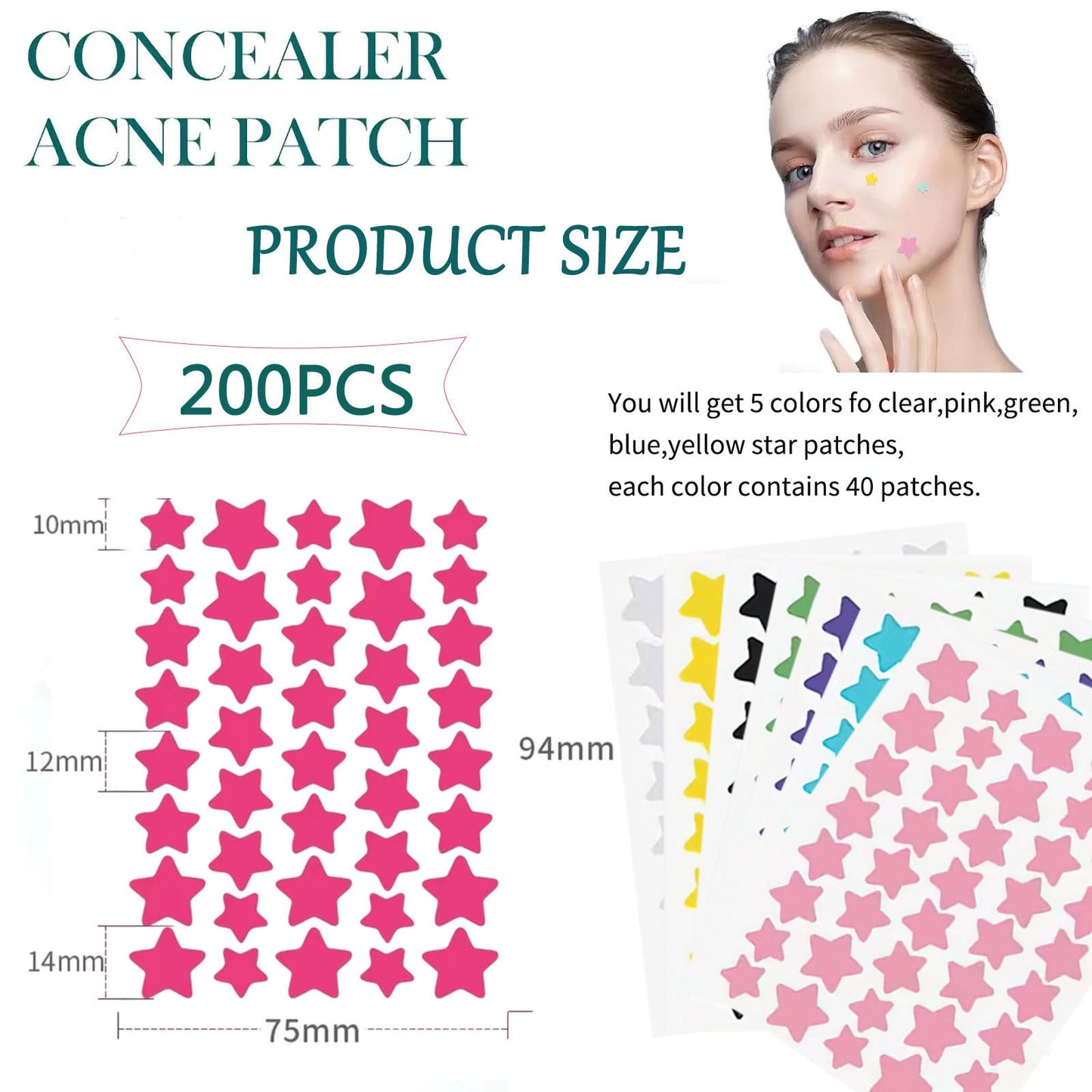 Pimple Patches for Face Cute Star Haydrocolloid Acne Patches Tea Tree oil Salicylic Acid Cica oil Colorful Invisinble Acne Removal Skin Care Stickers