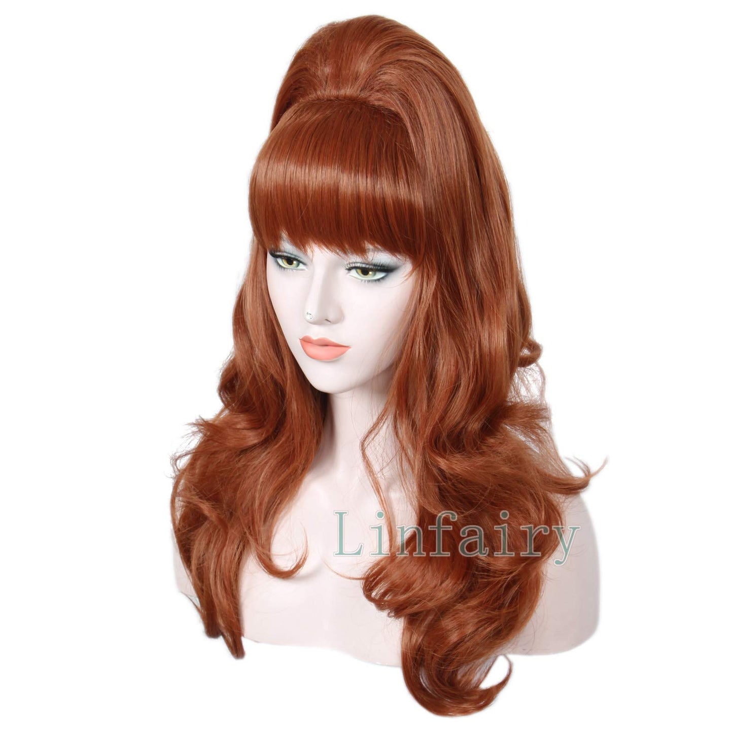 Linfairy Long Wavy Auburn Copper Wig Big Bouffant Beehive Wigs for Women fits 50s 80s Costume (Auburn Copper)