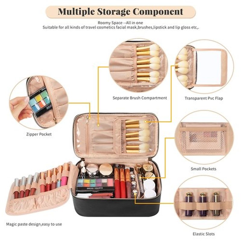 OCHEAL Makeup Bag, Travel Makeup Bag With Multi-Compartments,Large Capacity Cosmetic Bags Organizer For Women Girls,Waterproof Portable Pouch Toiletry Bag Make Up Case-Black