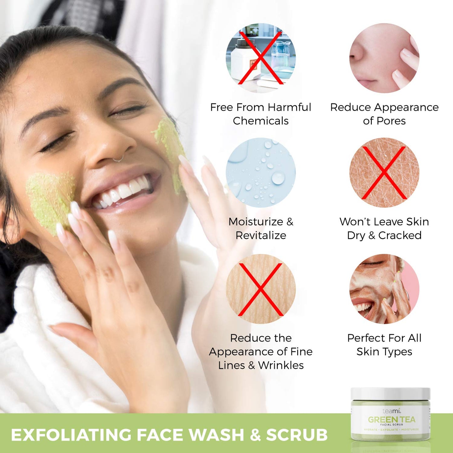 Teami Matcha Green Tea Facial Scrub For Hydrating, Moisturizing, and Exfoliating, Natural Exfoliating Body & Organic Face Exfoliator Sugar Scrub with Lemongrass, Non-Greasy Face Exfoliant