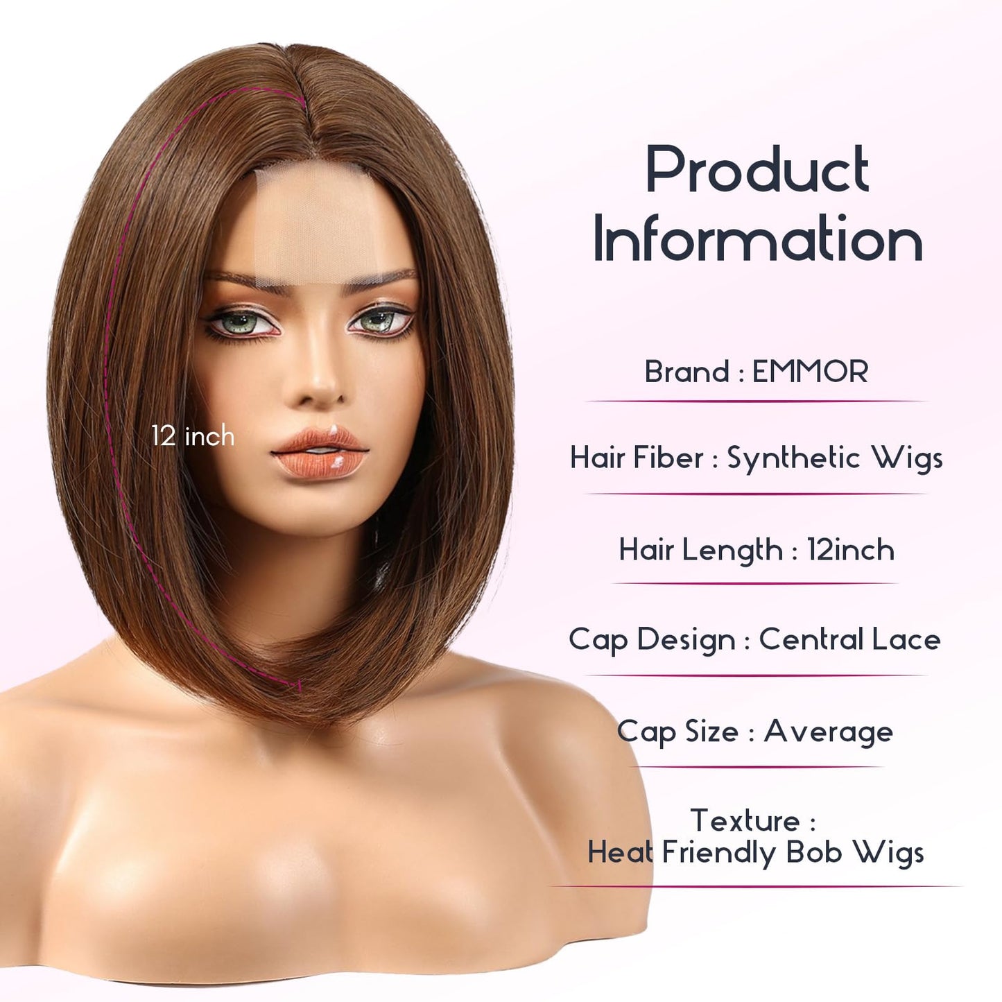 EMMOR Short Bob Wigs,Natural Shoulder Length Central Lace Bob Wgs, Premium Heat-Resistant Synthetic Straight Wigs for Women Daily Use(Brown with Light Brown Highlight)