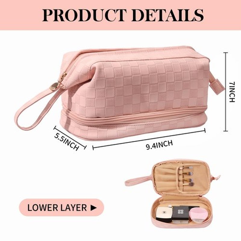 Abiudeng Large Pink Makeup Bag,Waterproof Cosmetic Bag,Make up Travel Bag Essentials,Cute Travel Toiletry Bag for Women Makeup Bag Organizer with Bottom Pouch,Travel Size Toiletries Bag for Women