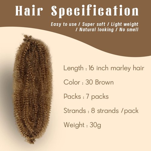 Marley Twist Braiding Hair 16 Inch 7 Packs Cuban Twist Hair Brown Springy Afro Twist Hair Pre Fluffed Spring Twist Hair Pre Stretched Wrapping Hair for Soft Locs (16 Inch,30)
