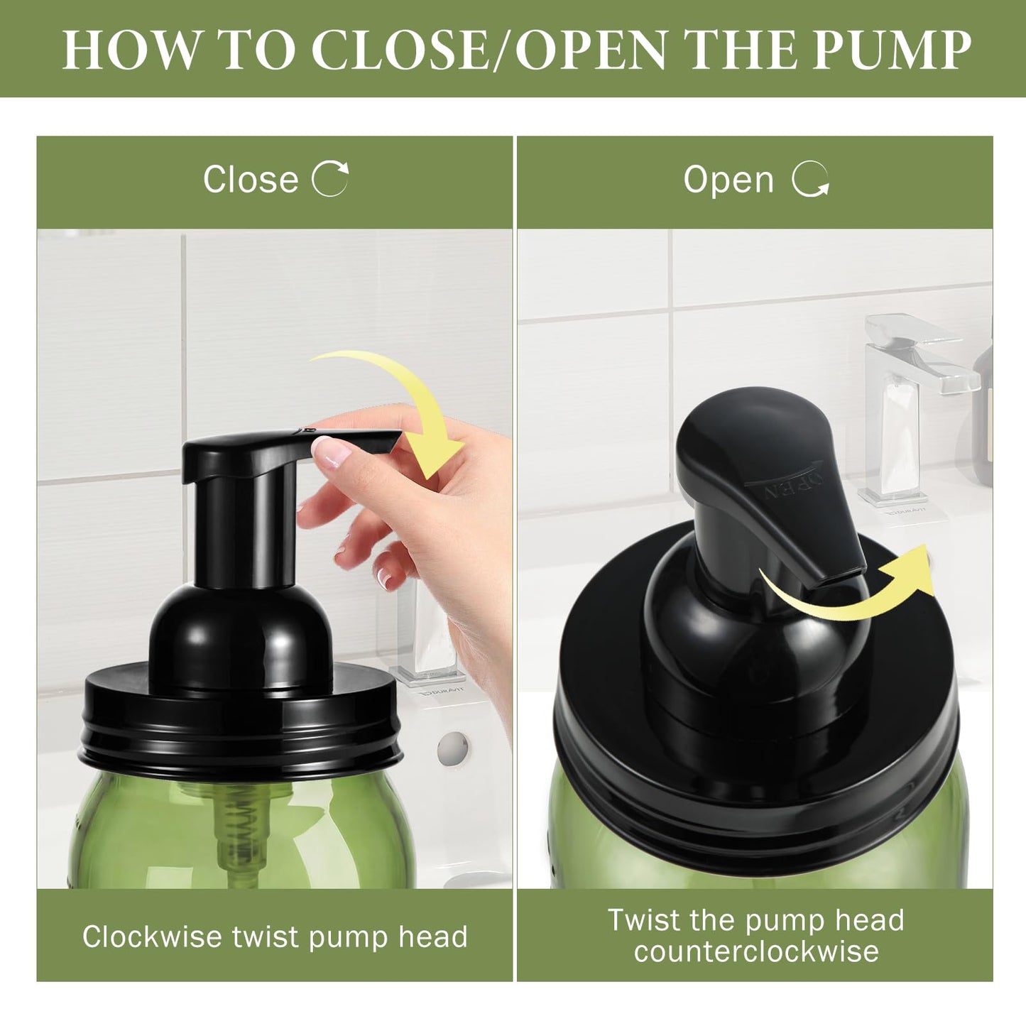 Amolliar Plastic Mason Jar Foaming Soap Dispenser Pump Lid, 16oz Foam Soap Dispenser with Cute Lables - Green Refillable Hand Soap Dispenser for Bathroom Kitchen Shower (2 Pack, Black)