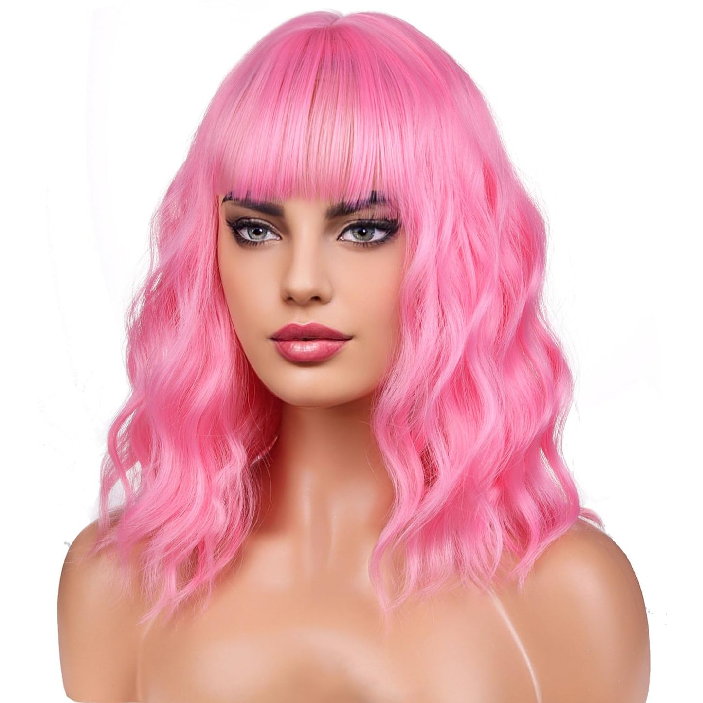 BERON 14 Inches Pink Wig for Women Short Curly Wig Pink Wig with Bangs Pink Bob Wig for Daily Party Wig Cap Include