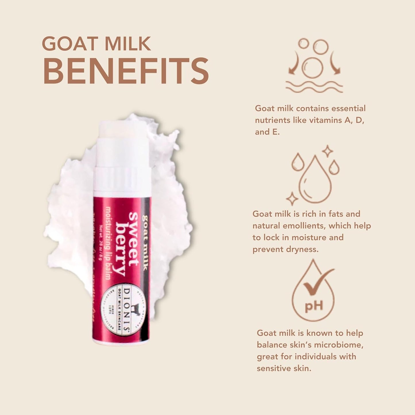 Dionis - Goat Milk Skincare Scented Lip Balm, Set of 6 (0.28 oz), Moisturize Dry and Chapped Lips, Cruelty-free and Paraben-free (Vanilla Bean)