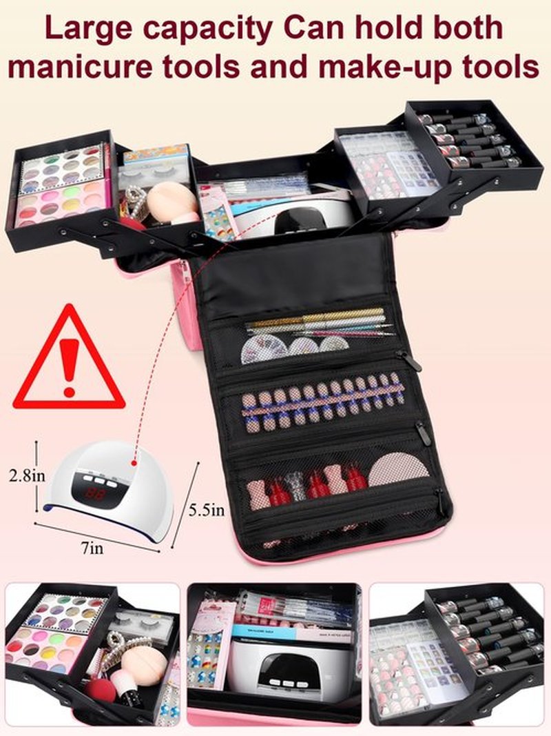Makeup Travel Train Case, Large Pink Makeup Nail Polish Organizer Bag, 4 Tier Professional Makeup Bag Storage Box Cosmetic Train Case with Straps Pockets for Nail Tools Jewelry MakeUp Brushes