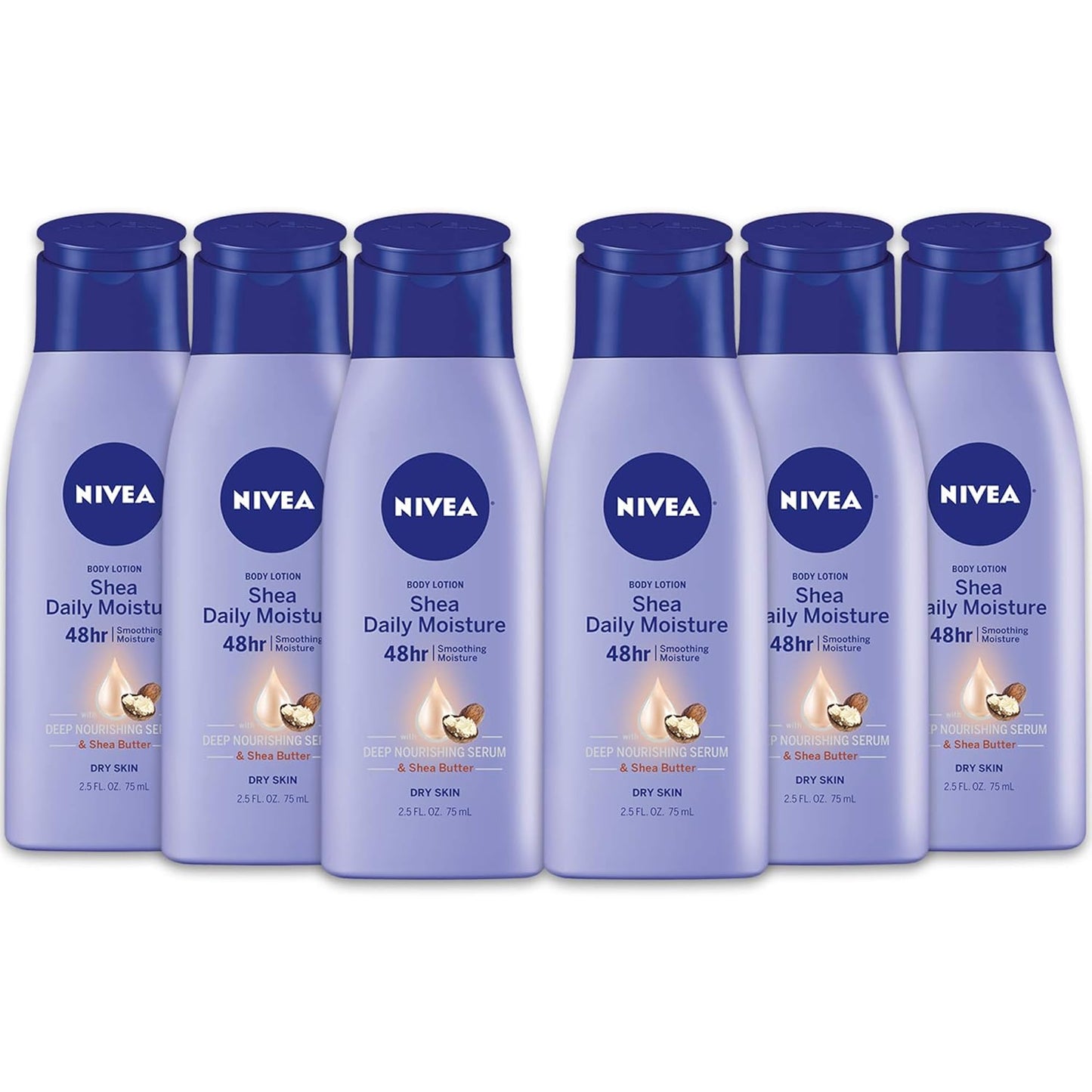 NIVEA Shea Nourish Body Lotion for Dry Skin with Hyaluronic Acid, Shea Butter and Deep Nourishing Serum, 48-Hour Body Moisturizer, 2.5 Fl Oz Bottle, Pack of 6