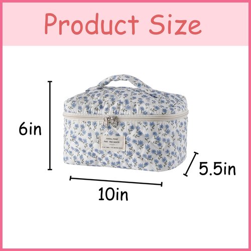 uekeboag Large Travel Quilted Makeup Bag for Women, Floral Cotton Cosmetic Bag, Coquette Aesthetic Floral Toiletry Organizer Bag(Little Blue Flower