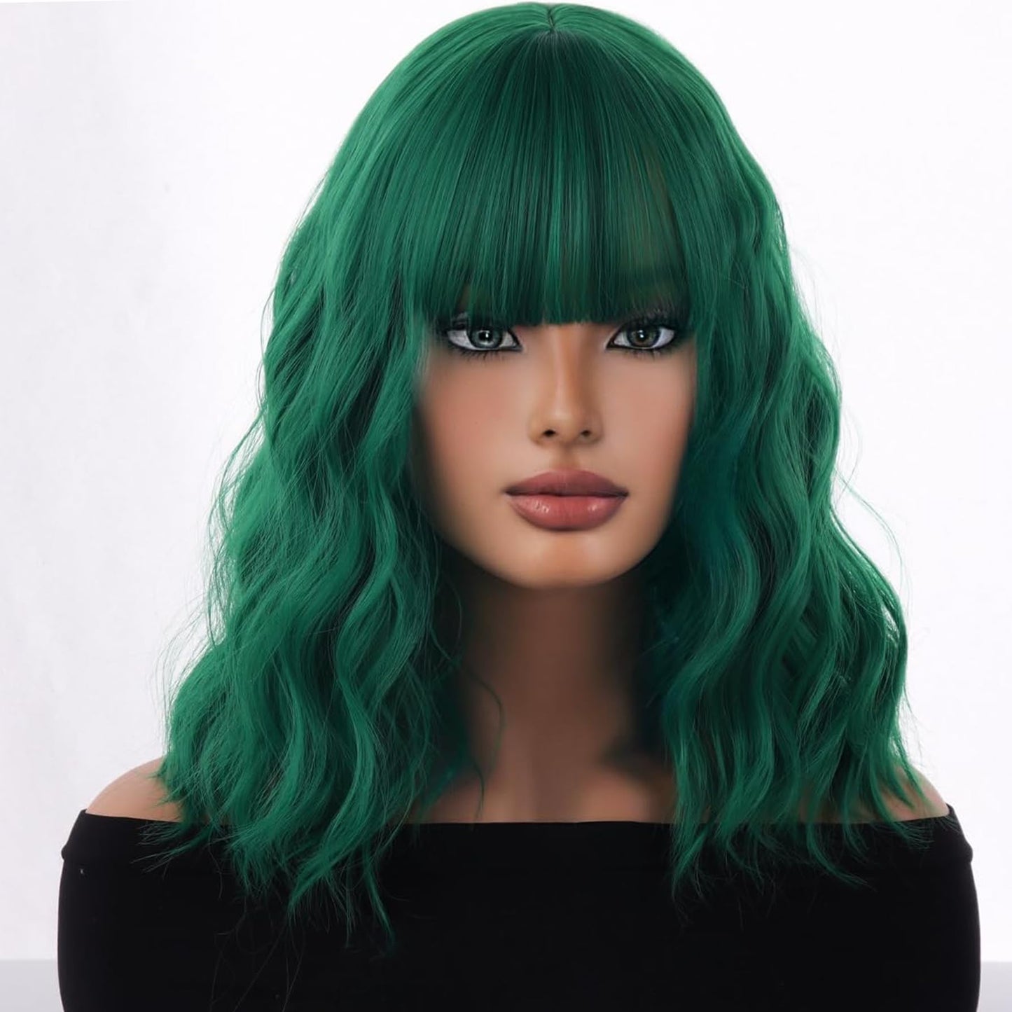 WTHCOS Green Wig Short Bob Wig Short Curly Wavy Wig With Bangs for Women Green Wig Heat Resistant Synthetic Hair Wigs for Daily Use Cosplay Wig With Wig Cap