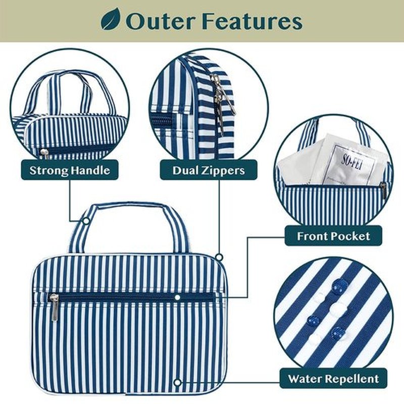 PAVILIA Hanging Toiletry Bag Travel Bag Women Men, Foldable Cosmetic Organizer, Roll up Makeup Bag, Water Resistant Accessories Toiletries, Large Travel Essentials Kit (Navy Stripe)