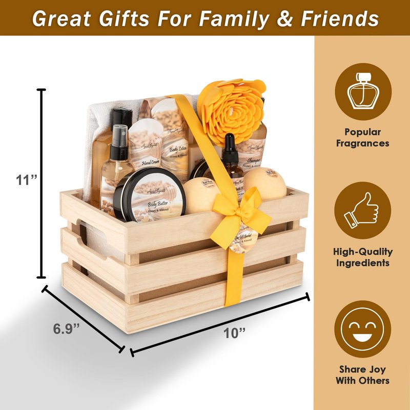 Aqua Elegante Full Spa Gift Set - 15 Piece Premium Bath Basket with Wash, Bubbles, Lotion, Salts, Body Scrub, Towel, Shower Puff, Bathbombs, Reusable Basket, Gifts for Women - Honey & Almond