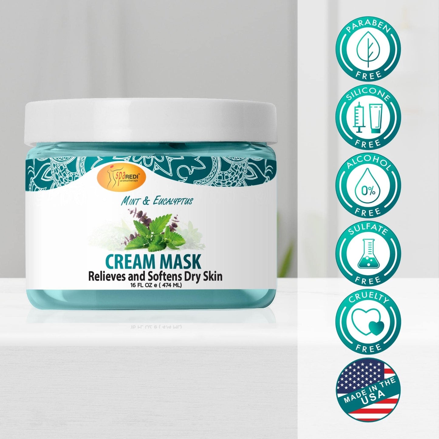 SPA REDI Foot & Body Cream Mask – Mint & Eucalyptus Cooling Treatment for Cracked Heels & Dry Skin | Hyaluronic Acid, Paraben-Free, Sulfate-Free | Professional Salon & At-Home Spa Use | 16 oz