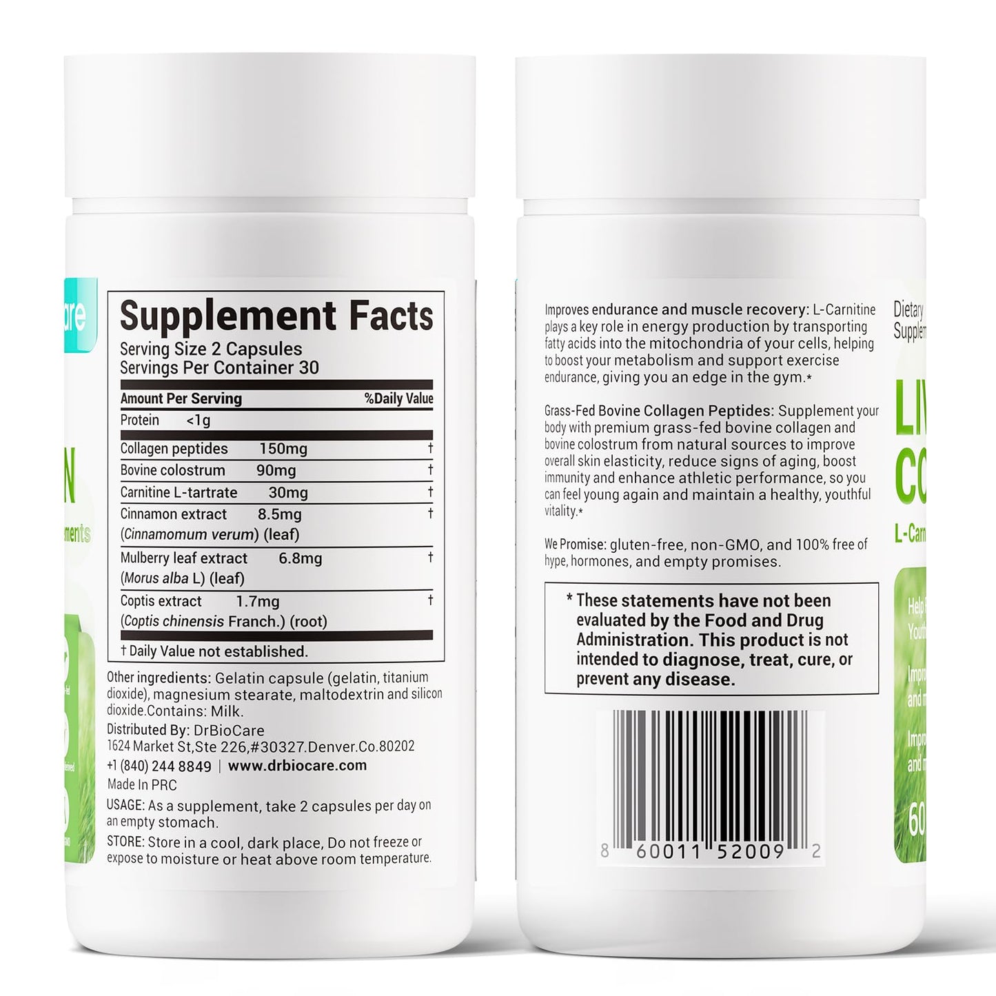 DrBioCare Living Collagen L-Carnitine Complex Supplement, Grass Fed Bovine Collagen Peptides,Bovine Colostrum,Cinnamon Extract,Mulberry Leaf Extract, Non-GMO, 60 Capsules