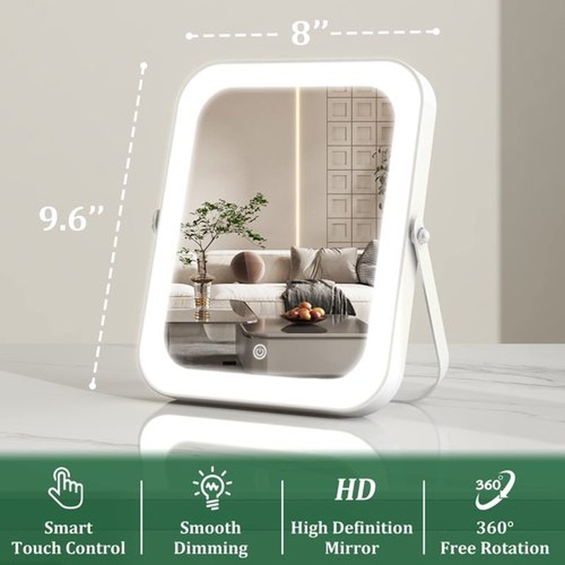 ROLOVE 8"x10" Lighted Vanity Mirror, Makeup Mirror with Light, Dimmable Touch Screen, Portable Travel Mirror with U-Shaped Bracket, Cosmetic Mirror with Lights for Makeup Desk & Dressing Room