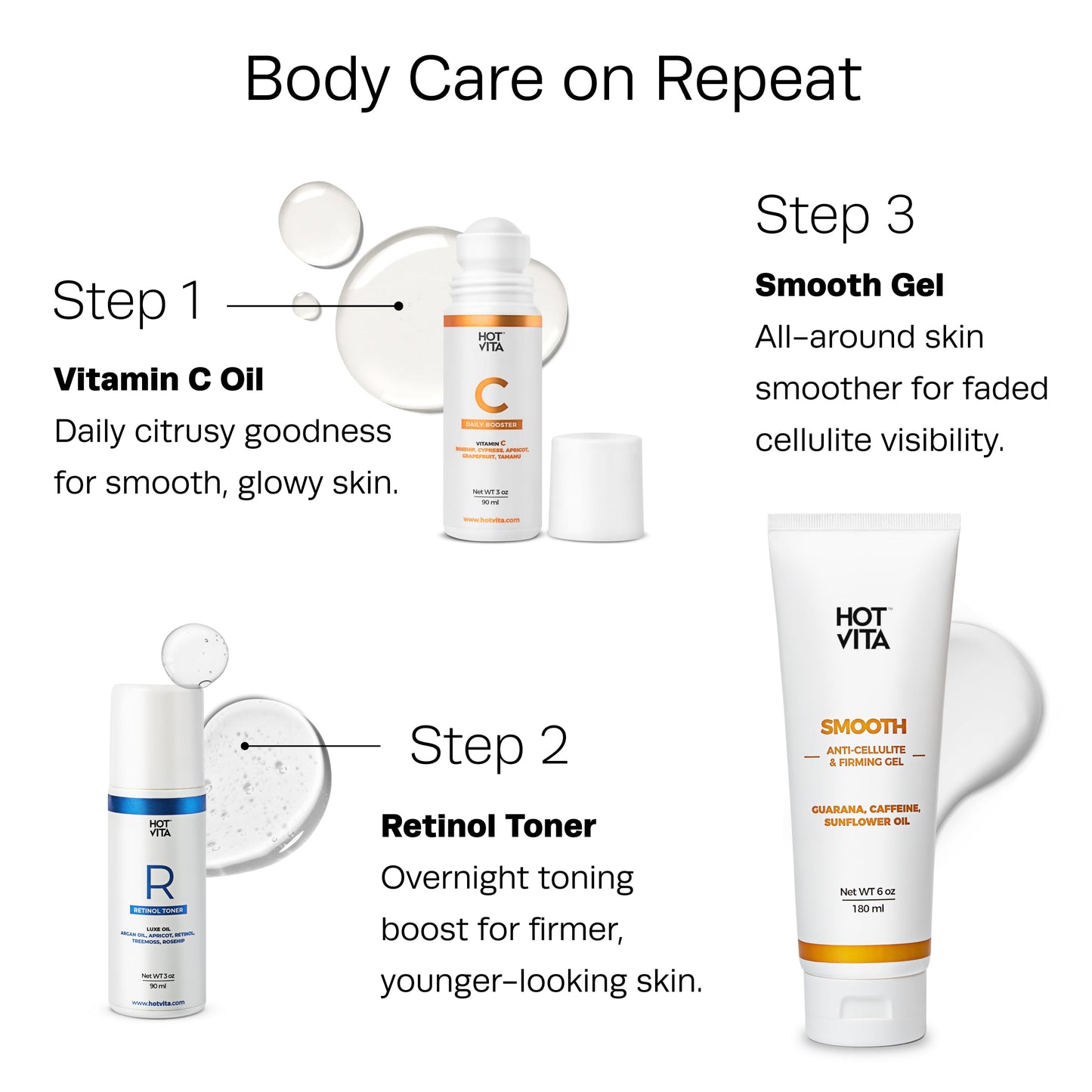 Hot Vita Vitamin C Oil, Body Oil After Shower for Dry Dull Skin, Lightweight Cellulite Oil for Daily Massage, Smooth-Looking Skin, Soft Moisture, and Healthy Body Glow