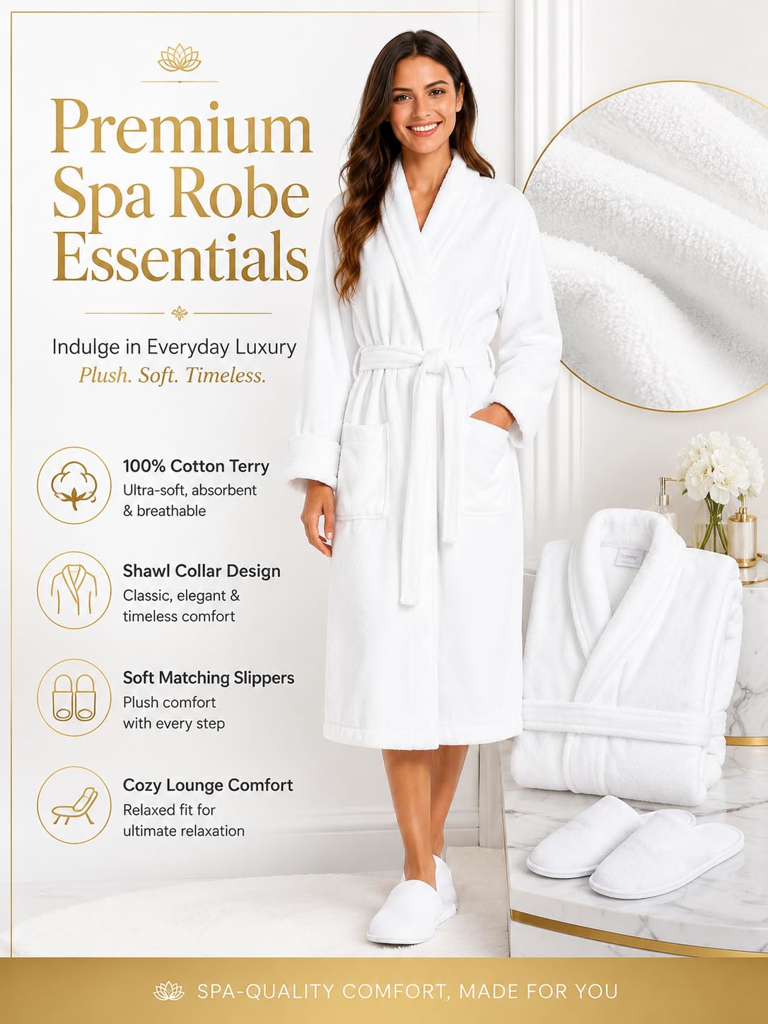 BIOLINEN 2 Pack Robes for Women Men 100% Cotton Terry Cloth Bathrobe with Slippers, Plush Spa Robe, Shawl Collar Bath Robe, Unisex One Size, White