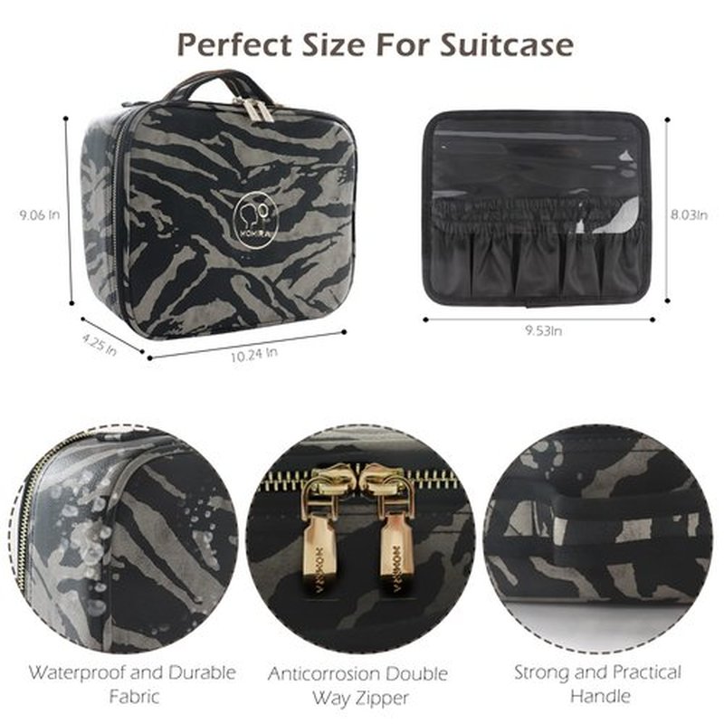 MOMIRA Travel Makeup Bag With LED Mirror,Train Case with Light up Mirror, Portable Makeup Artist Organizer Bag with Adjustable Dividers, Makeup Brush Holder Storageļ¼Zebra Beigeļ¼