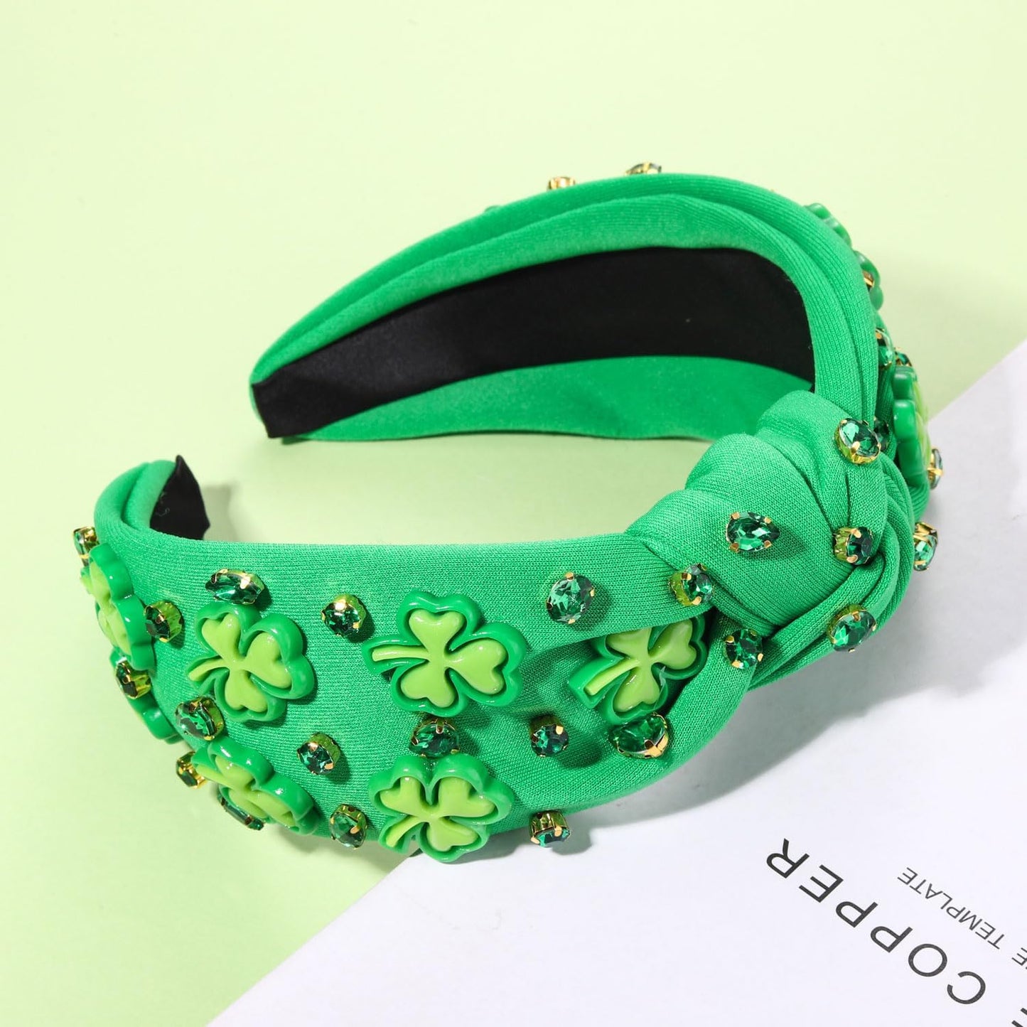 CEALXHENY 2 Count St. Patrick's Day Headband, Green Shamrock Embellished Crystal Rhinestone Knotted Headband, Irish Holiday Hair Accessories Gifts