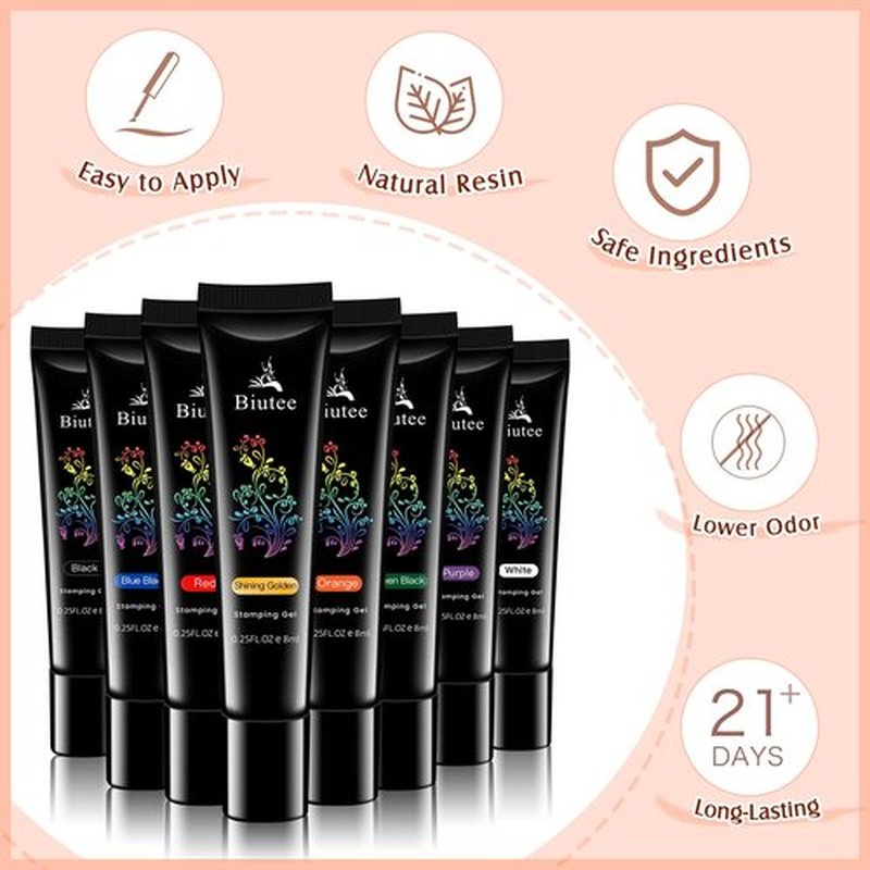 8 Colors Nail Stamping Polish Gels Nail Stamper Kit + 4pcs Nail Stamp Templates + 1 Peel Off Nail Tape Stamp Latex Bose Coat & Top Coat with Scraper Flower Holiday Art Design Gift DIY Manicure