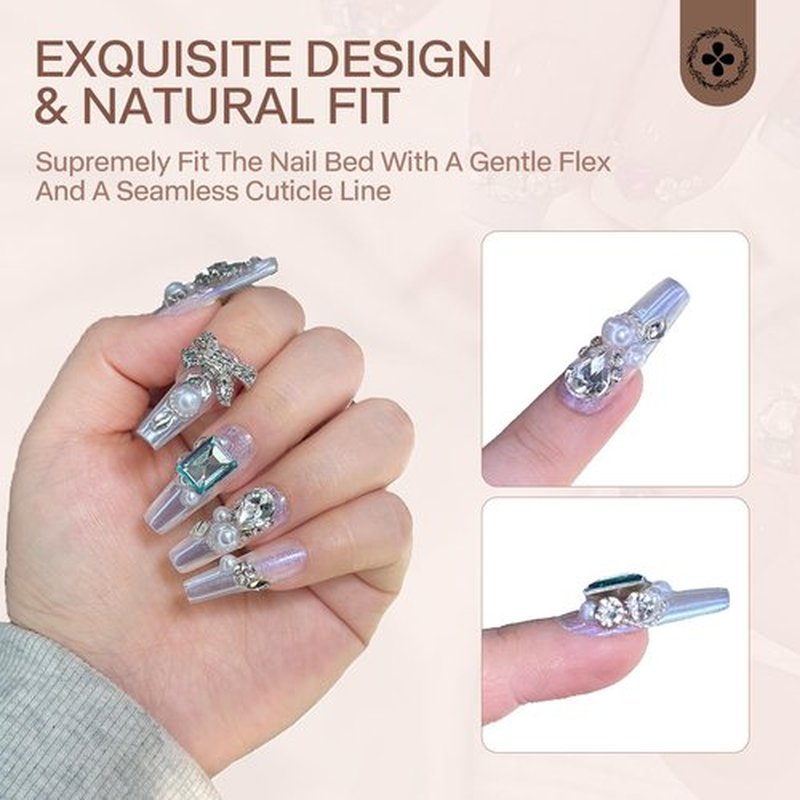 Ricefod Press on False Nails Handmade Shining Silver Fake Nails with Luxury Diamonds 10 Pcs Reusable Nails Press on Nails Coffin Suitable for Wedding, Size:Small