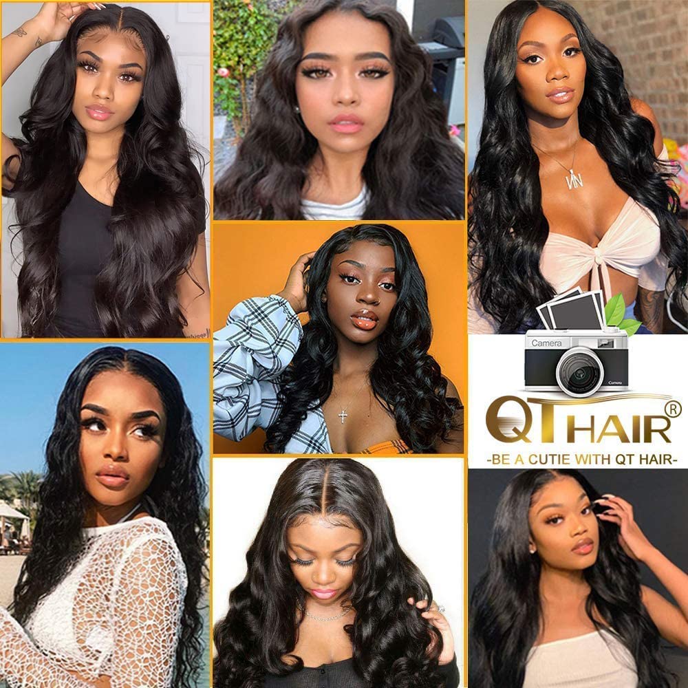 QTHAIR 14A Body Wave Bundles with Closure Human Hair (10 10+10) Brazilian Human Hair Bundles with 4x4 HD Lace Closure Free Part 100% Unprocessed Virgin Hair Body Wave Bundles Natural Color