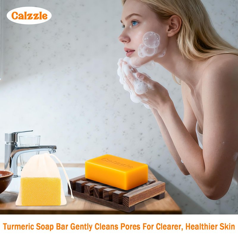 Calzzle Kojic Acid Soap 4PCS, Dark Spot Remover & Brightening with Turmeric, Vitamin C & Retinol, Moisturizing with Collagen & Shea Butter, Gentle for Face and Body, With Soap Holder & Net, 110g Each