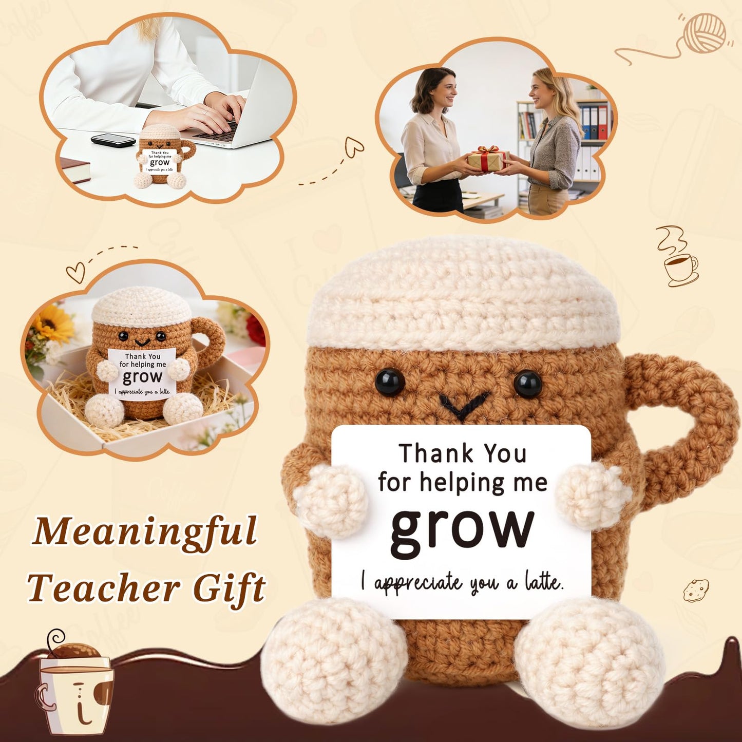 Mini Thank You Gifts for Women Men Boss Coworker Teacher Handmade Positive Crochet Coffee Appreciation Birthday Retirement Farewell Gifts for Mentor Team Leaders Supervisors Managers Work Bestie