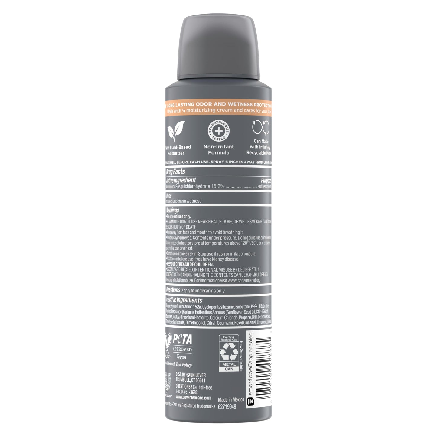 DOVE MEN + CARE Dry Spray Antiperspirant Cedarwood + Tonka 4 Count 72H Protection with a Plant-Based Moisturizer 3.8 oz