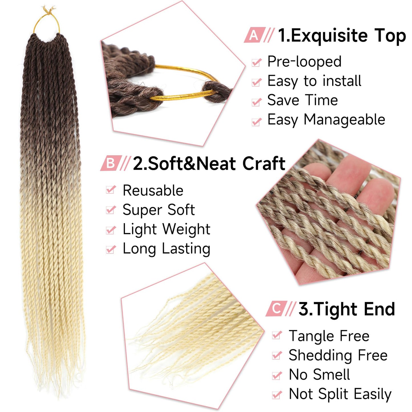 BEFUNNY Ombre Blonde Senegalese Twist Crochet Hair-5 Packs 18 Inch Senegalese Twist Crochet Braids For Women Human Hair,Pre Looped Crochet Braids, Colorful Twist Crochet Hair Extension(18in,T4/613#)