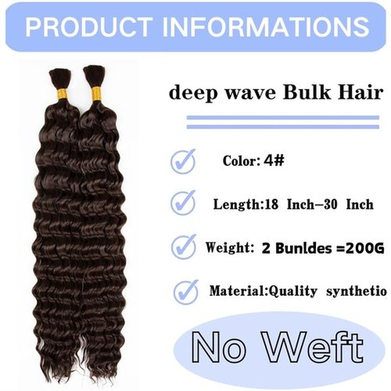 Deep Bulk Hair For Braiding Hair 20inch Wet And Wavy Deep Wave Bulk Hair Quality Synthetic Micro Braiding Hair Extensions for Boho Braids No Weft (2Pack 200g, 4#)