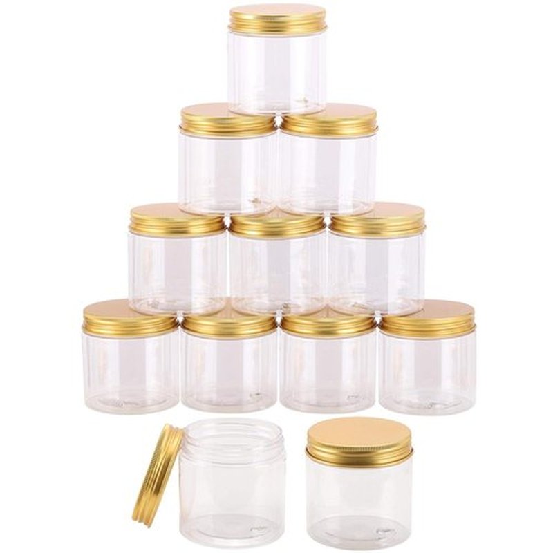 Tecbeauty 12-Pack 200ml Clear Plastic Jars with Lids, Refillable Empty Round Containers for Cosmetics, Lotions, Gold