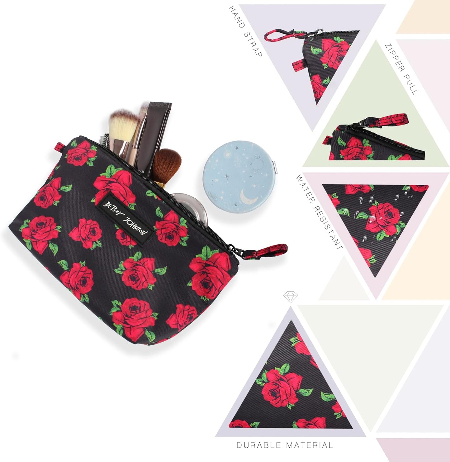 Betsey Johnson 8.5 Inch Zipper Cosmetic Pouch Small Toiletry Bag–Lightweight Durable Polyester Organizer with Inner Zipped Pocket Good For Makeup Accessories and Travel Needs (Covered Rose)