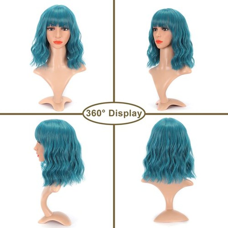 VCKOVCKO Natural Wavy Wig With Air Bangs Short Bob Dark Blue Wigs Women's Shoulder Length Wigs Curly Wavy Synthetic Cosplay Wig Pastel Bob Wig for Girl Colorful Wigs(12",Dark Blue)