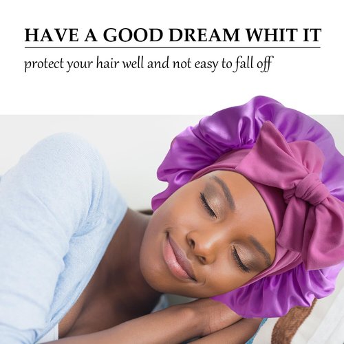 Satin Silk Hair Bonnets for Sleeping Large Bonnets with Tie Band Hair Wrap with Adjustable Straps Hair Cap Night Sleep Caps for Women Curly Braid Hair(Black,Purple)