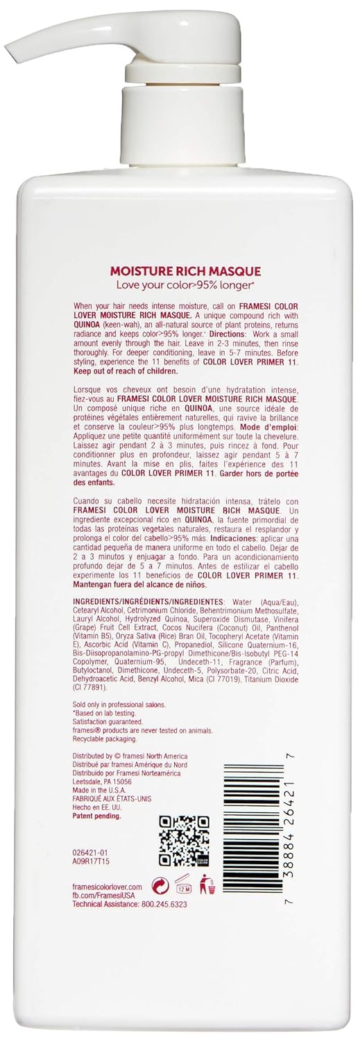 Framesi Color Lover Moisture Rich Masque, Sulfate Free Hair Mask for Color Treated Hair