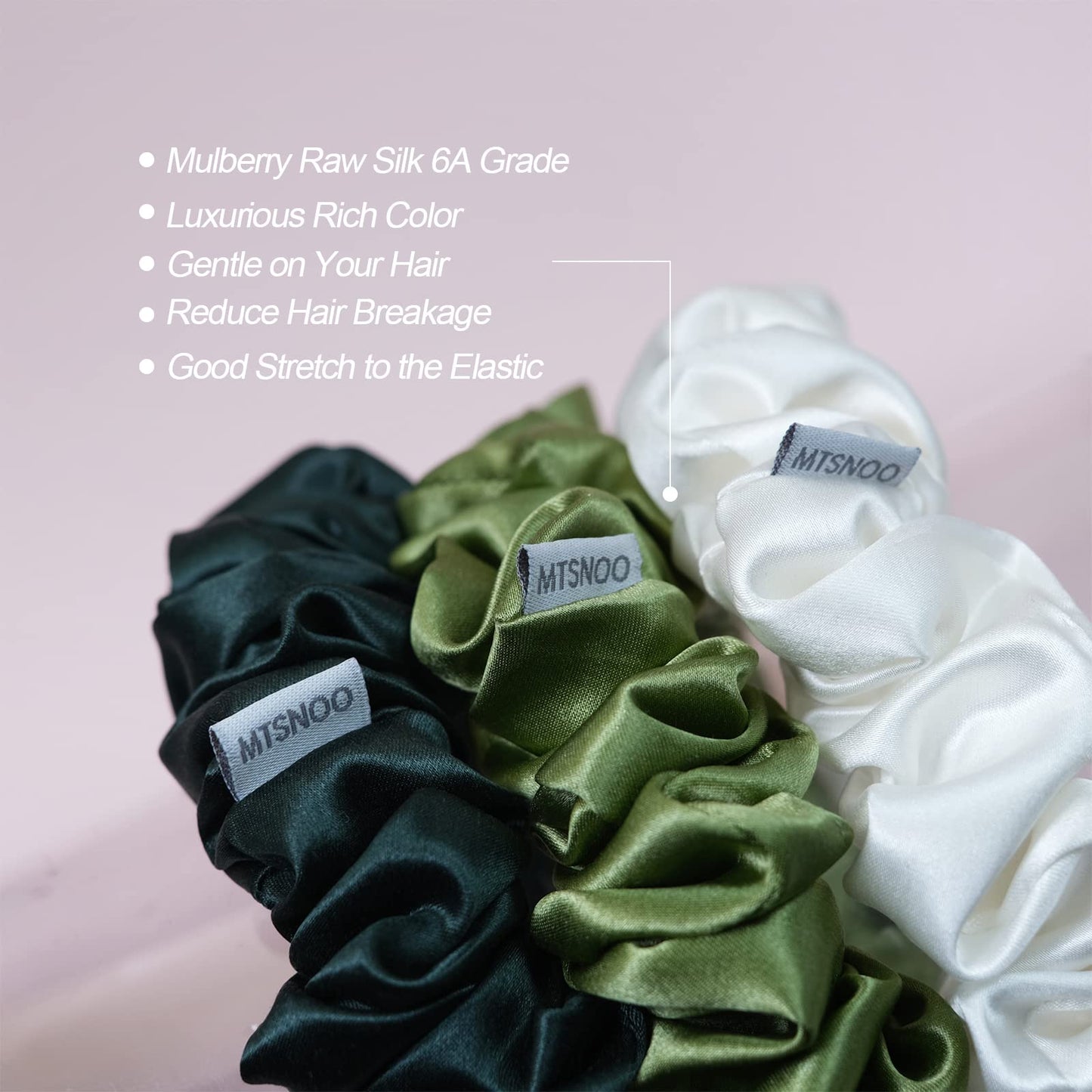 MTSNOO Silk Scrunchies, 3 Pack - 100% Pure 22 Momme Mulberry Silk Scrunchies for Curly Hair with Elastic Band, Silk Hair Ties Ropes Scrunchies Set for Women Girls, Dark Green+Olivine+White
