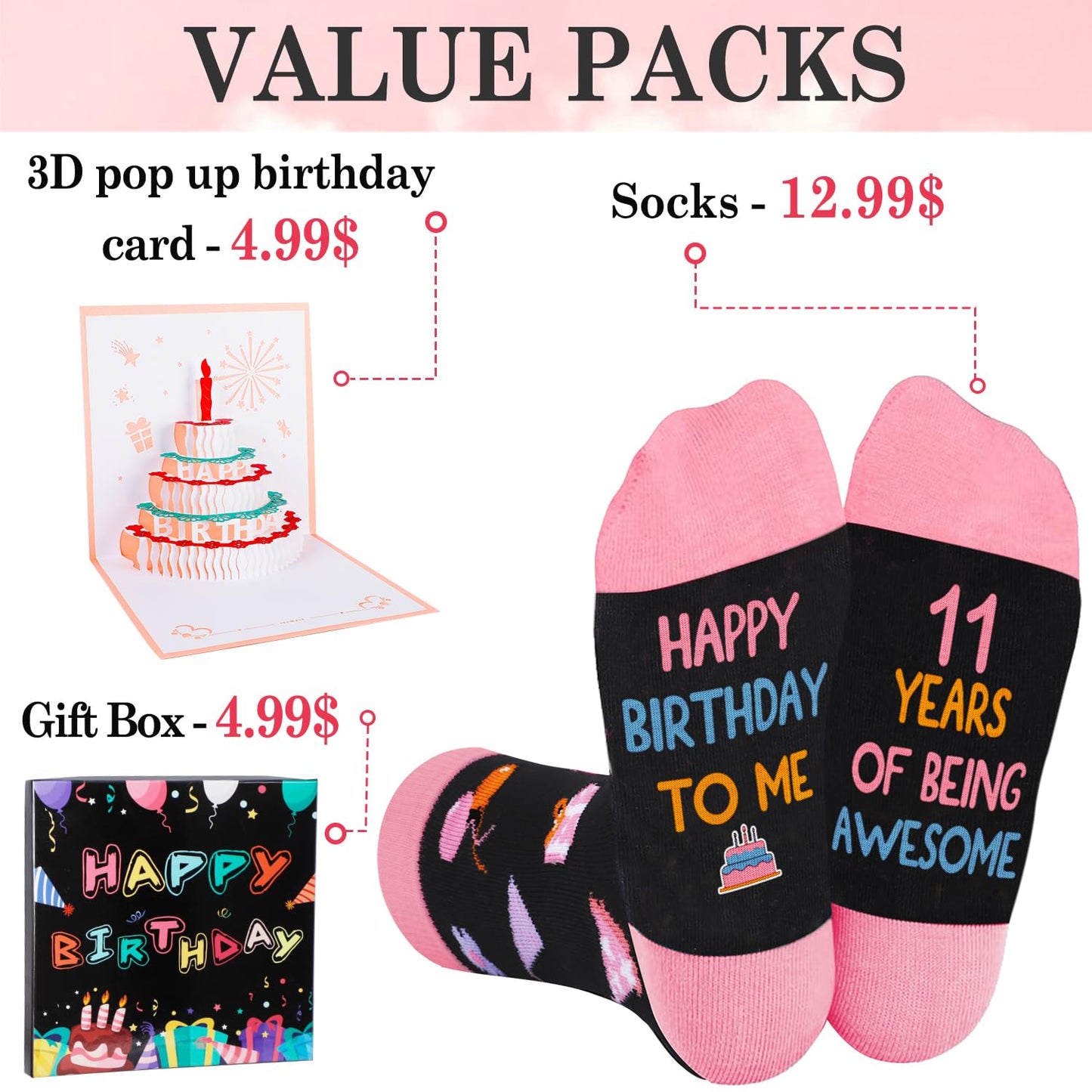 Juesly 11 Year Old Birthday Gifts for Girls - Socks for Girls with Pop Up Birthday Card, Presents for 11 Year Old