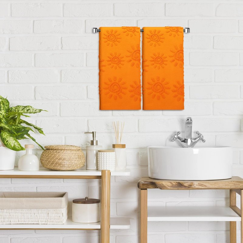 SmoothNovelty 2 Pcs Boho Hand Towels Orange Yellow Towels for Bathroom Sunshine Cotton Absorbent Jacquard Weave 3D Sun Kitchen Decor for Gift Christmas Drying Cleaning Cooking(Orange)
