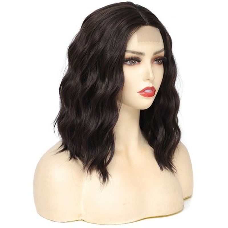 Rose bud Wavy Bob Wig Natural Wig Dark Brown Synthetic Hair Shoulder Length Short Curly Middle Part Lace Front Wigs for Women