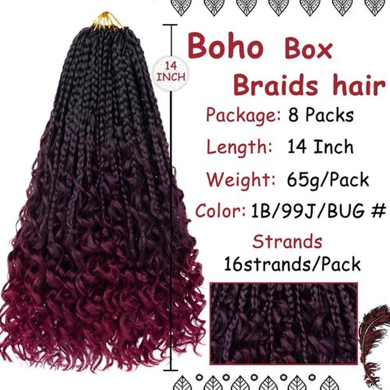 Beverlee 14 Inch Boho Box Braids 8 Packs Goddess Box Braids Crochet Hair Bohemian Hippie Braids Braiding Hair Box Braids with Curly Ends Messy Pre-looped Synthetic Crochet Hair for Women 1B/99J/BUG#