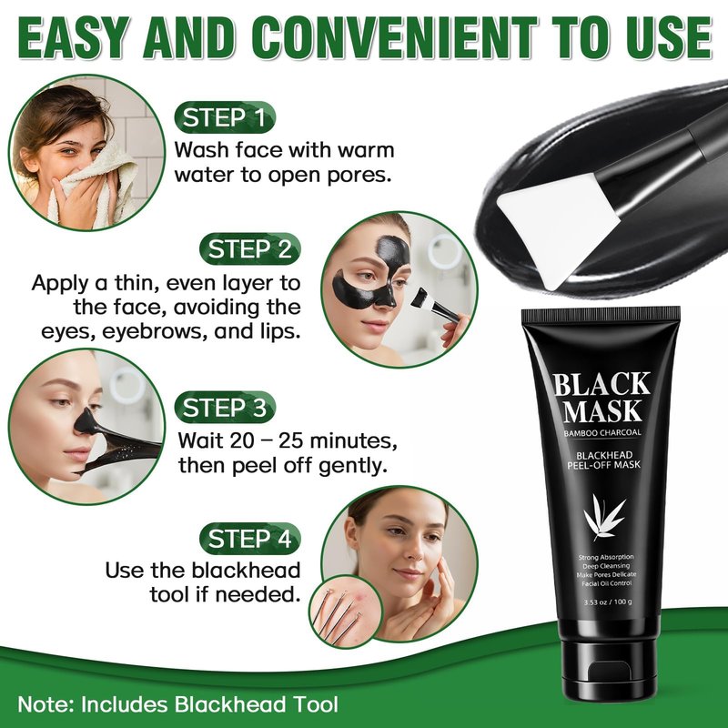 Nozerix Blackhead Remover Mask, Charcoal Peel Off Face Mask, Blackhead Removal, Deep Cleansing, Controls Oil, Targets Face and Nose, Ideal for All Skin Types, with Brush, Extractor Tool,100g