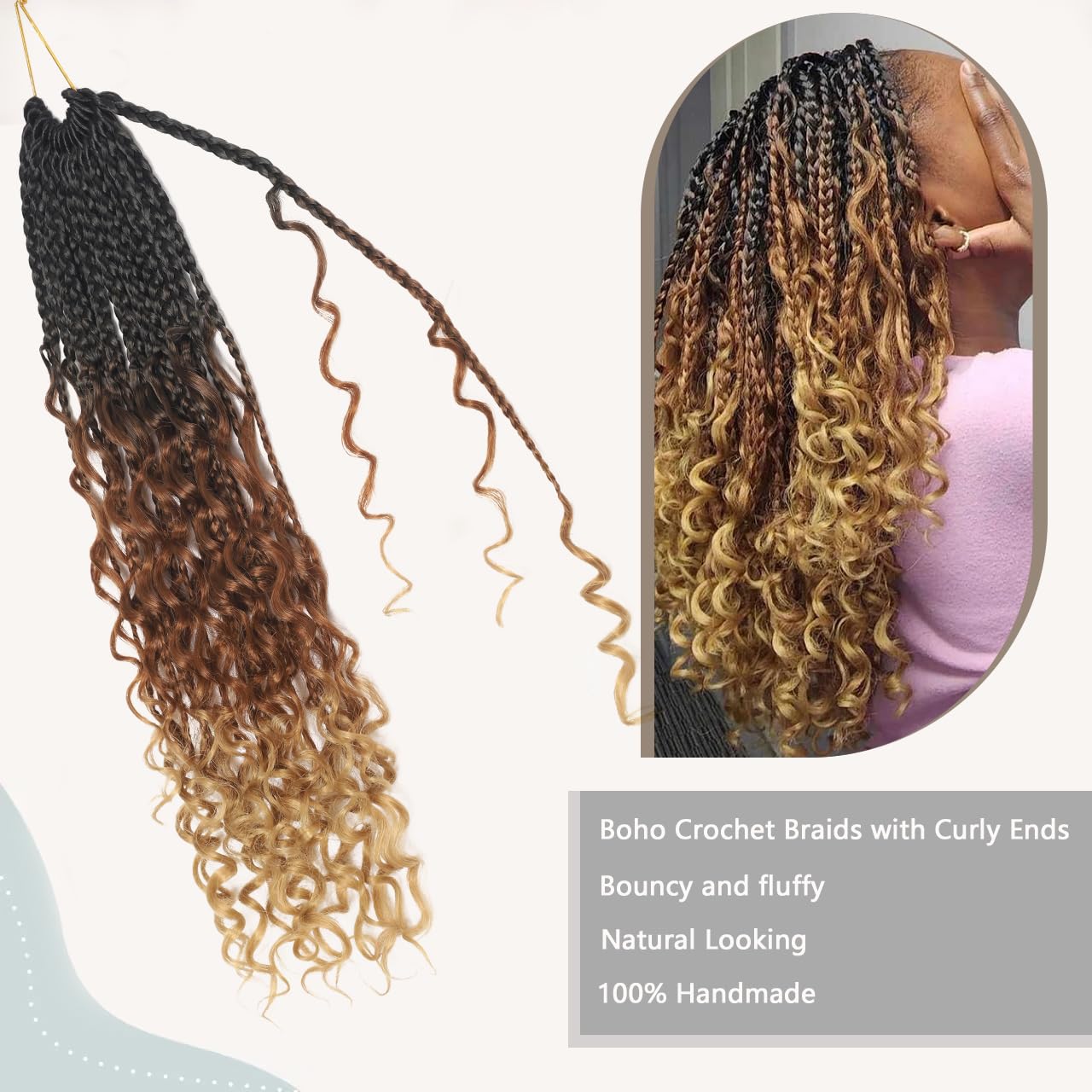 Goddess Box Braids Crochet Hair Boho Box Braids Crochet Hair Pre looped Crochet Braids with Curly Ends Bohomian Crochet Braids for Women (Ombre Black to Brown, 18 Inch Goddess Box Braids Pack of 7)