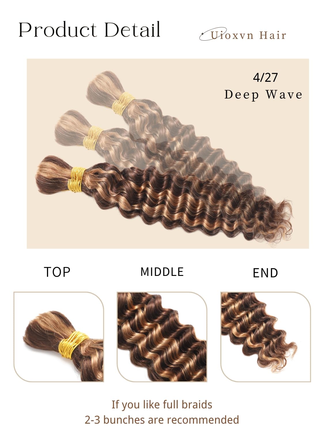 Human Braiding Hair Color #4/27 16 Inch Deep Wave Bulk Human Hair for Braiding No Weft 2Bundles/100g 12A Brazilian Virgin Curly Micro Human Hair Braiding Hair Extensions for Boho Braids