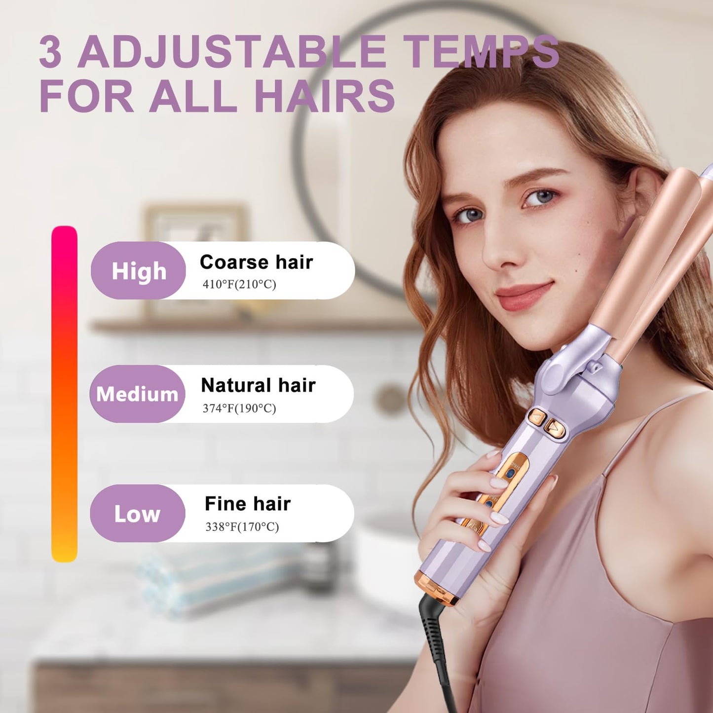 Curling Iron 1.18 Inch, Curling Wand for Long Hair and Short Hair, 3 Temperature Settings Ceramic Long Barrel Hair Curling Iron (Purple)