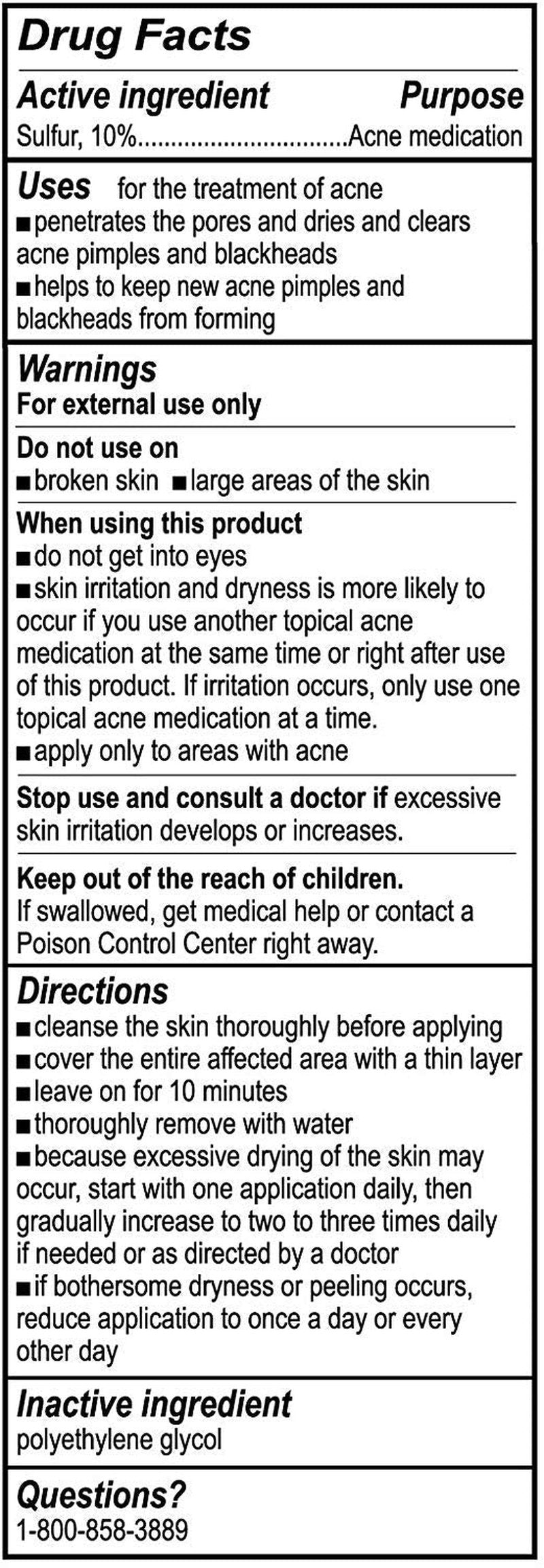De La Cruz 10% Sulfur Ointment Cystic Acne Spot Treatment for Face & Body Skin Care Face Mask & Blackhead Remover, Treatment for Hormonal Acne 2.6 oz, 2 Pack
