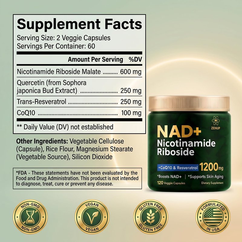 ZenUP NAD Supplement Nicotinamide Riboside Malate with CoQ10, Trans-Resveratrol & Quercetin, 1200mg Per Serving, Daily Supplement Formula, 120 Veggie Capsules, 60 Servings